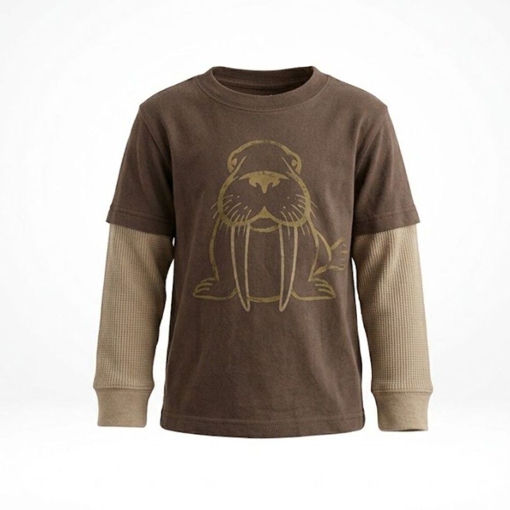 Gymboree 2T Boys Walrus Shirt Brown Layered Look Waffle Knit Thermal Long Sleeve